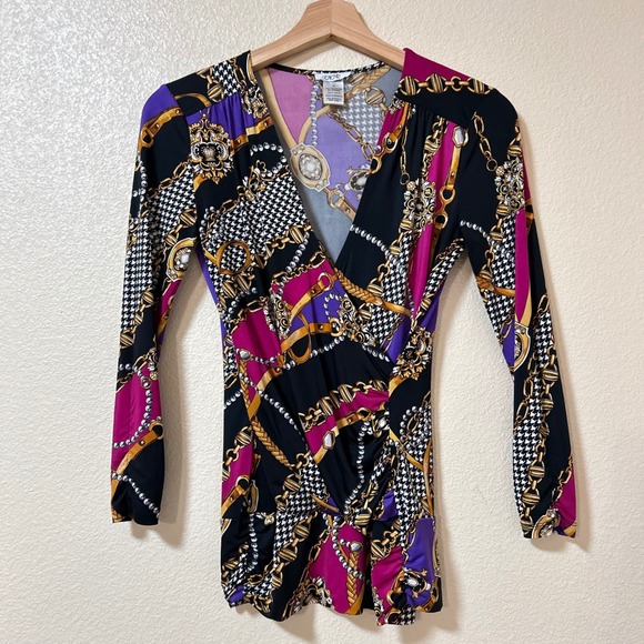 Cache Size XS Shirt Baroque Chain Houndstooth Wrap Purple Pink Ruched Y2K Bratz - Picture 4 of 10